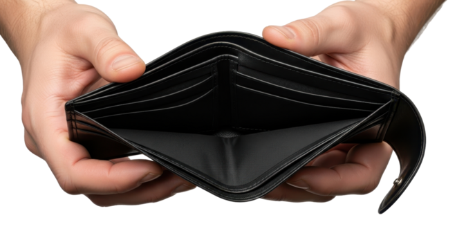 Close-up of two hands holding an open, empty black leather wallet against a white background, symbolizing financial emptiness or poverty.