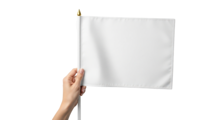 A hand holding a small blank white flag on a pole with a golden finial against a white background.