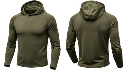 Men's olive green long-sleeve athletic hoodie with front and back views displayed.