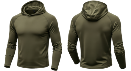 Men's olive green long-sleeve athletic hoodie with front and back views displayed.