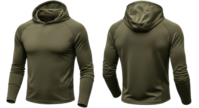 Men's olive green long-sleeve athletic hoodie with front and back views displayed.