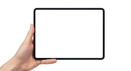 A hand holding a modern black tablet horizontally with a blank white screen, isolated on a white background.