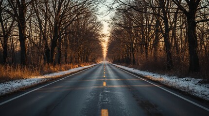 Long rural road lined with bare trees, thin layer of snow, golden sunset light reflecting on wet asphalt and frosty branches. Generative AI