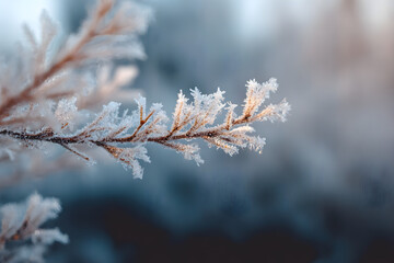 Frosty branch winter scene macro photography nature wallpaper cold weather ice crystals frozen plant detail