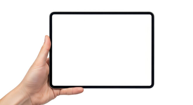 A hand holding a modern black tablet horizontally with a blank white screen, isolated on a white background.