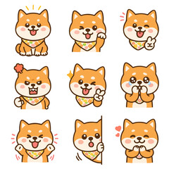 A set of cute anime dogs illustrations doing different activities with different expressions.Stickers or badges. Shiba Inu