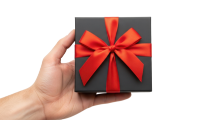 A person's hand holding a small black gift box with a red ribbon and bow against a white background.