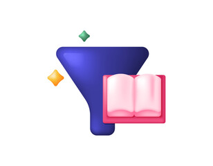 The concept of sorting books and filtering content. Filtering searches for novels, comics, journals, or ebooks. Digital library services. Illustration of a filter and book symbol. 3D style design