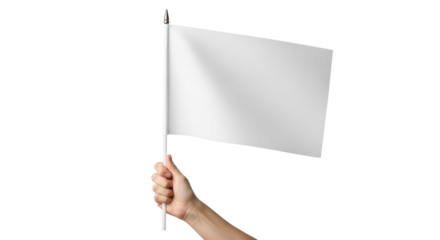 A person's hand holding a plain white flag on a stick against a white background, symbolizing peace or surrender.