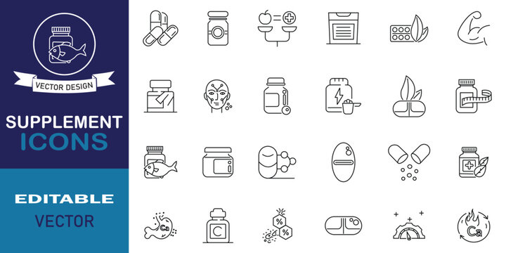 Supplement line editable icon set. Vector 24 icons related to supplements, capsule, protein, fish oil, calcium, herbal, probiotic, electrolyte, dropper, vitamin and more symbol collection.