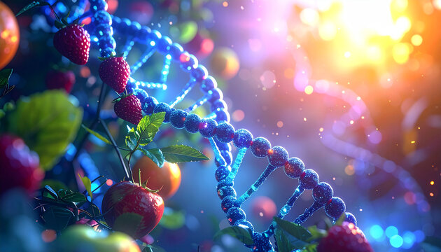 Nature's Genetic Blueprint: A mesmerizing visual exploration of the genetic code intertwined with the bounty of nature.