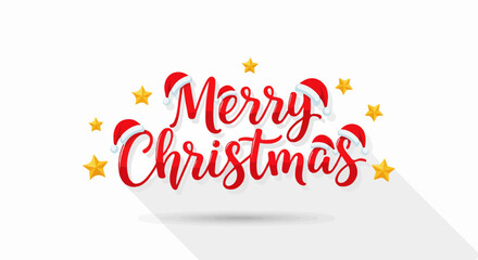 Red Merry Christmas Script Text with Santa Hats and Gold Stars on Transparent Background