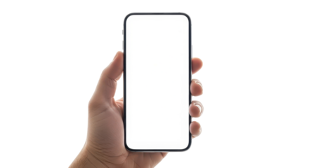 Hand holding a modern smartphone with a blank white screen against a clean white background, ready for content.