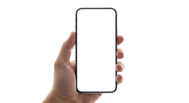 Hand holding a modern smartphone with a blank white screen against a clean white background, ready for content.