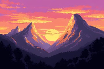 Vibrant Pixel Art Mountain Landscape Anime Style Sunrise.