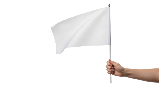 A person's hand holding a small plain white flag on a stick, waving gently against a clean white background.