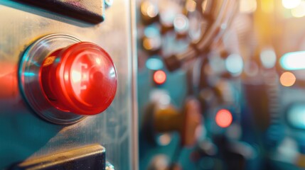 Close-up of a red emergency button on a control panel. The background features various knobs and lights, suggesting a high-tech environment.