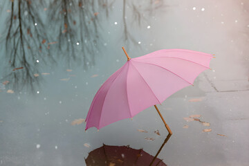 Pink umbrella in rain water puddle reflection beautiful scenery rainy day weather photography image stock photo