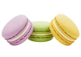 Isolated three colorful French macarons purple green yellow sweet dessert pastry confectionery delicious gourmet snack food
