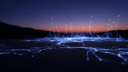 Abstract network data connections with glowing blue lines and nodes against a twilight sky representing global connectivity and technology. - Powered by Adobe