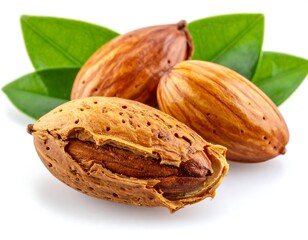 Close-up of three brown almonds with green leaves on white