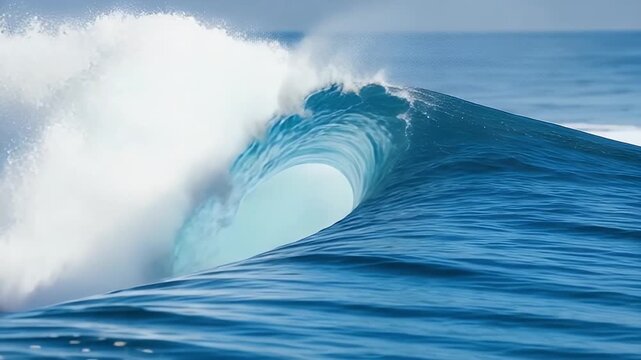 A magnificent ocean wave curls and breaks with immense power and grace, forming a stunning hollow barrel of vibrant blue water. White sea foam crashes from the crest, creating a dynamic spray against  - Powered by Adobe
