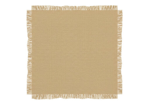 Isolated square piece of natural burlap fabric with frayed edges rustic textile material texture element for design projects