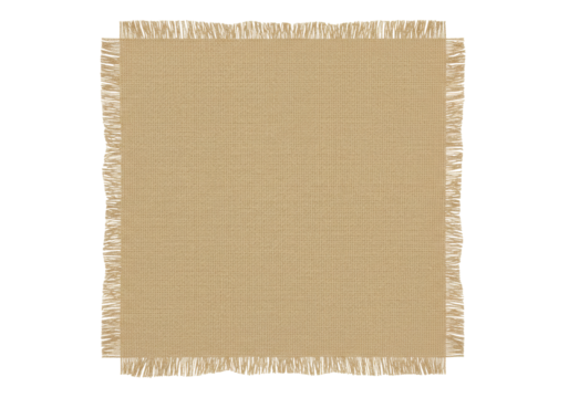 Isolated square piece of natural burlap fabric with frayed edges rustic textile material texture element for design projects