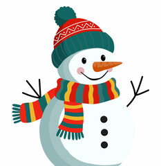 Cheerful Snowman with Scarf and Hat