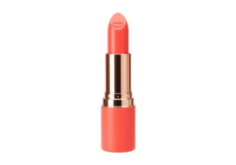 Isolated vibrant coral lipstick with a subtle lip print on the tip elegant beauty product for makeup and cosmetic advertising