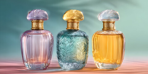 Luxury perfume bottles collection floral design crystal caps gold accents elegant fragrance product shot