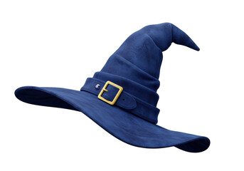 Isolated dark blue pointed witch hat with a golden buckle and gem a classic magical accessory for Halloween costumes and fantasy themes