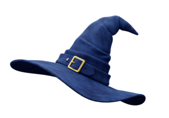 Isolated dark blue pointed witch hat with a golden buckle and gem a classic magical accessory for Halloween costumes and fantasy themes