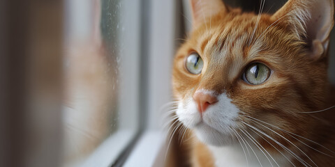 Close-up of an orange and white cat looking intently out a window on a quiet day
