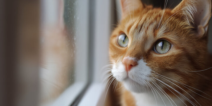 Close-up of an orange and white cat looking intently out a window on a quiet day