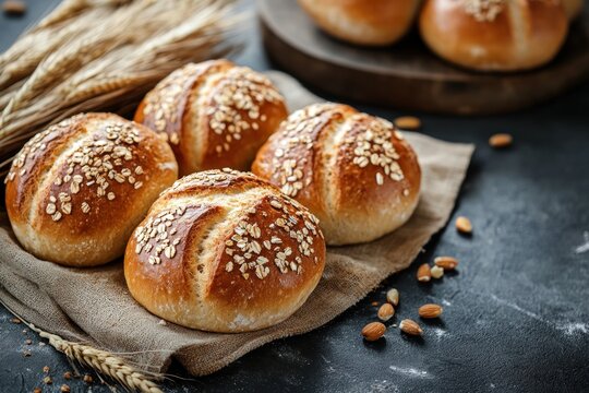 A rustic bakery scene with freshly baked bread and pastries displayed on a wooden table, surrounded by wheat stalks and other grains, creating a warm and inviting atmosphere. - Powered by Adobe
