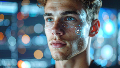 Futuristic Tech Vision: A close-up view of a man's face, with a futuristic tech overlaying his features, demonstrating the integration of technology with humanity. 