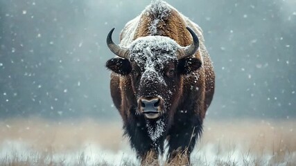 close up buffalo bull eating during snow day in winter video - Powered by Adobe