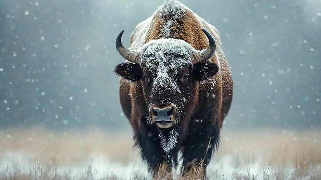 close up buffalo bull eating during snow day in winter video