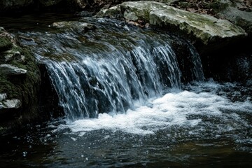 Fototapeta premium A serene waterfall cascading down a rocky cliff, surrounded by lush greenery and vibrant wildflowers, with a tranquil river flowing nearby.