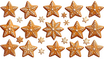 Collection of assorted star-shaped cookies. Some are decorated with white icing designs mimicking snowflake patterns, on a white background