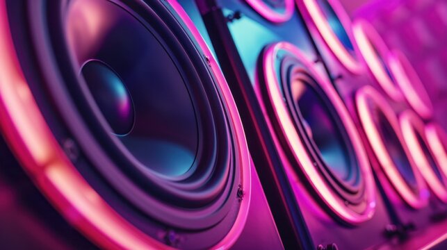 Close-up of multiple audio speakers with vibrant neon lighting. The speakers are arranged in a row, showcasing their circular designs and glowing edges.