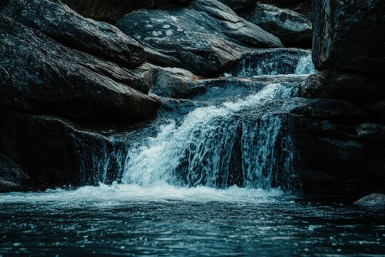 A serene waterfall cascading down a rocky cliff, surrounded by lush greenery and a tranquil river. - Powered by Adobe
