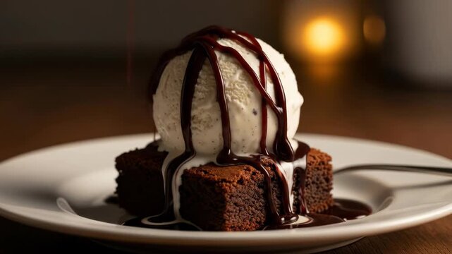 Delicious dessert: chocolate brownie with vanilla ice cream and chocolate sauce.