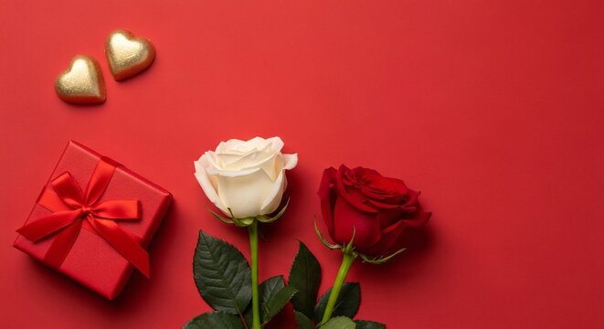 Valentines day composition roses gift box and golden hearts on red background - Powered by Adobe