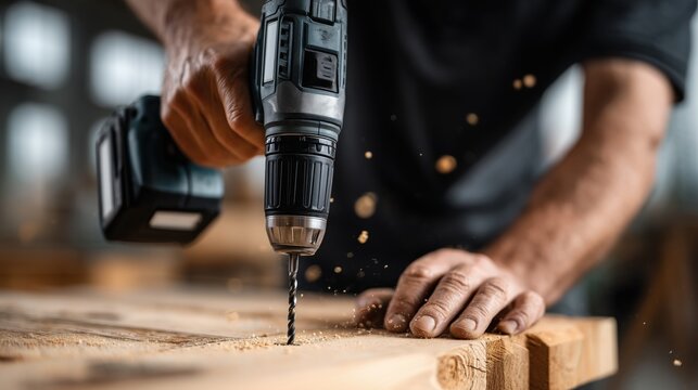 Craftsman Using Electric Drill on Wooden Plank in Workshop for Home Improvement Projects