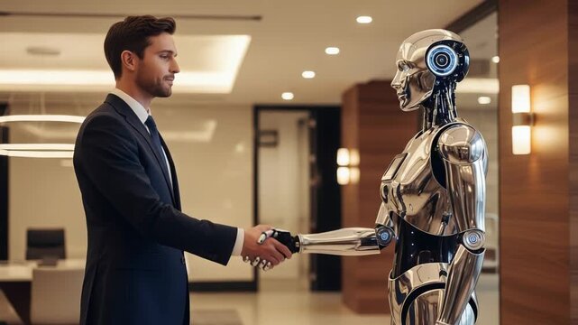 Man in suit shaking hands with a futuristic robot