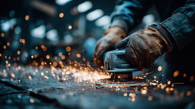 Sparks Fly from Tool in Hands of Worker in Manufacturing Workshop with Warm Ambient Lighting