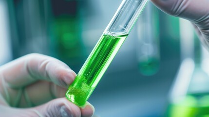 A gloved hand holds a test tube containing bright green liquid. The background features blurred laboratory equipment, emphasizing a scientific research environment.