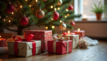 Festive Christmas gifts with red and gold ribbons placed under a decorated tree with warm lights. AI Generation.